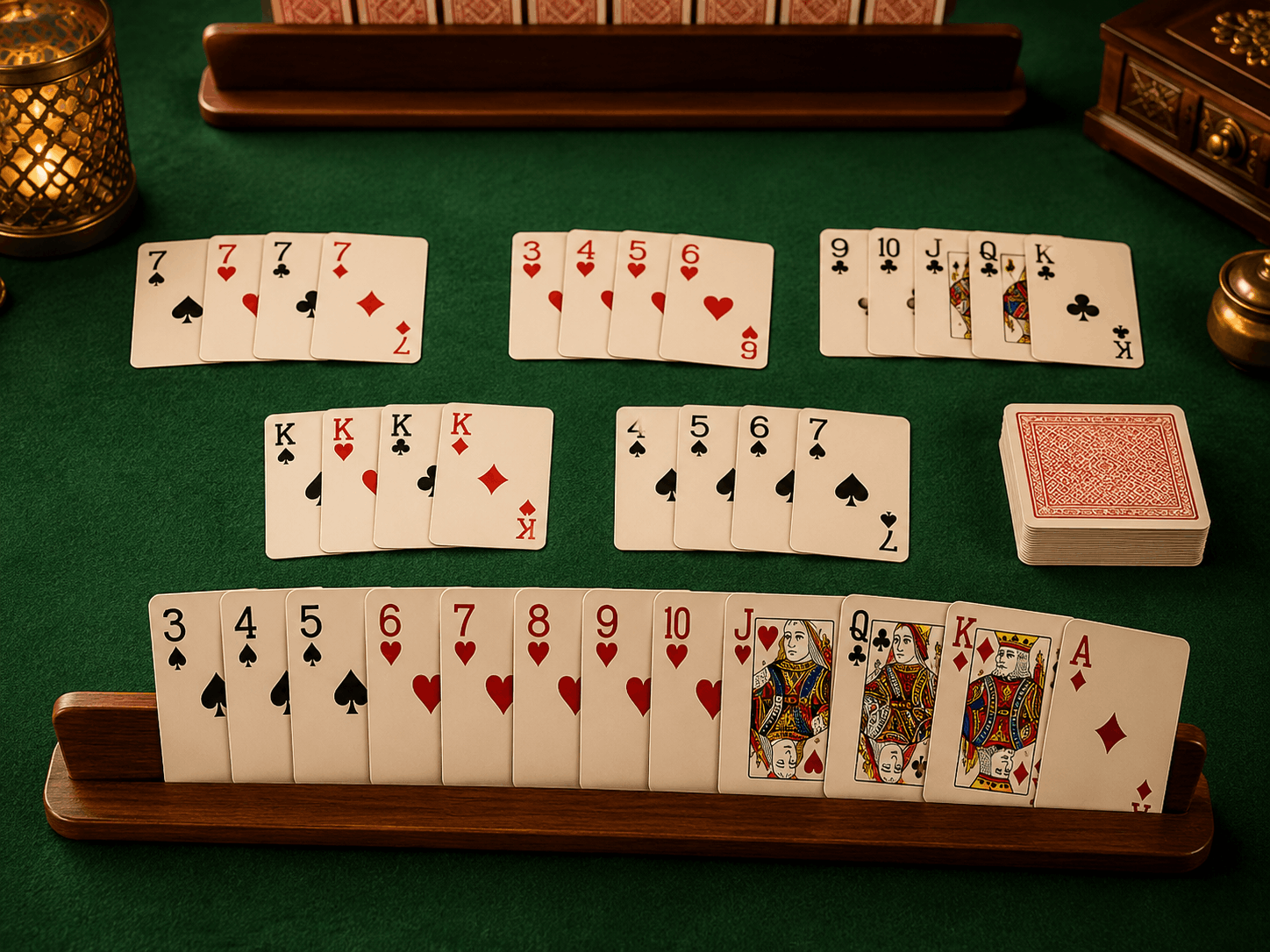 Rummy playing cards arranged on a table
